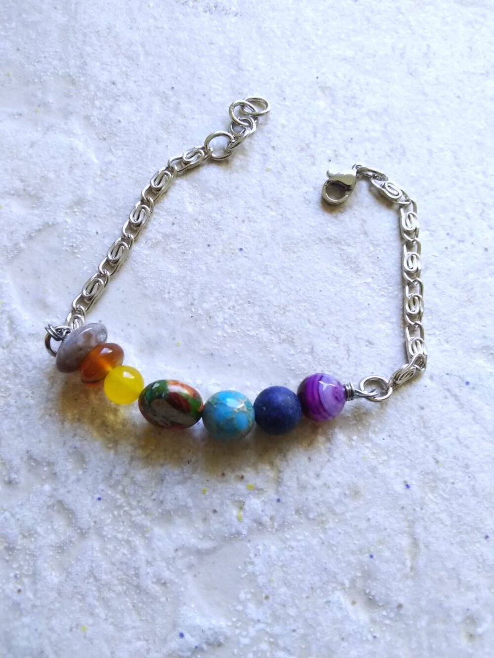Handmade!!! 7 Chakra Gemstone Bracelet! Semi-Precious Stones + Stainless Steel